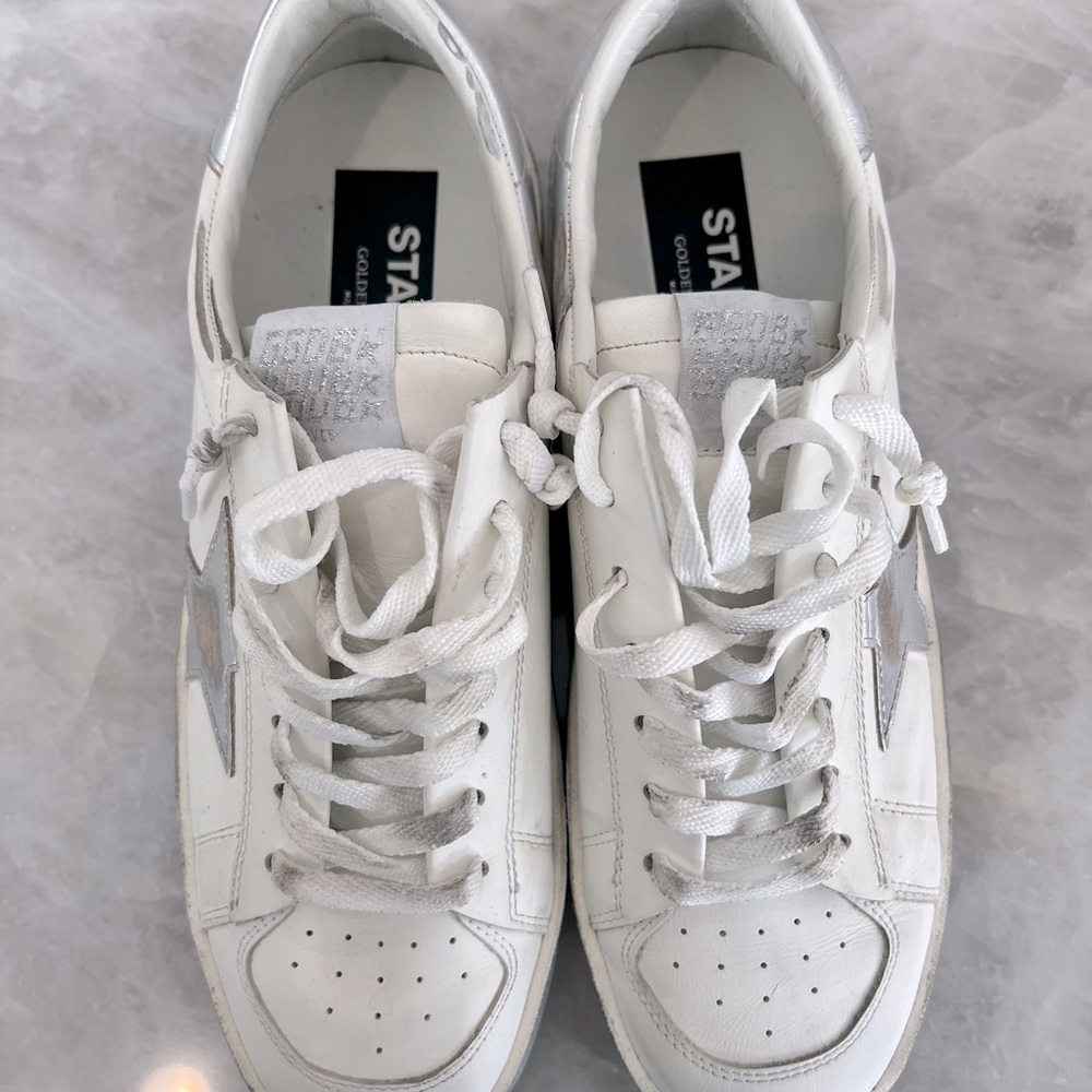 Golden Goose- white and Silvertone Star Stardan leather sneaker.  Women’s 40.